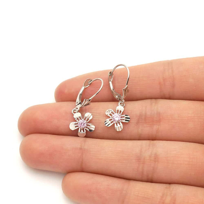 14k Yellow White Gold Birthstone Diamond-Cut Flower Leverback Earrings