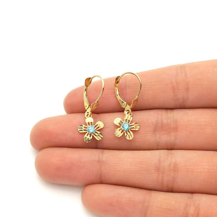14k Yellow White Gold Birthstone Diamond-Cut Flower Leverback Earrings