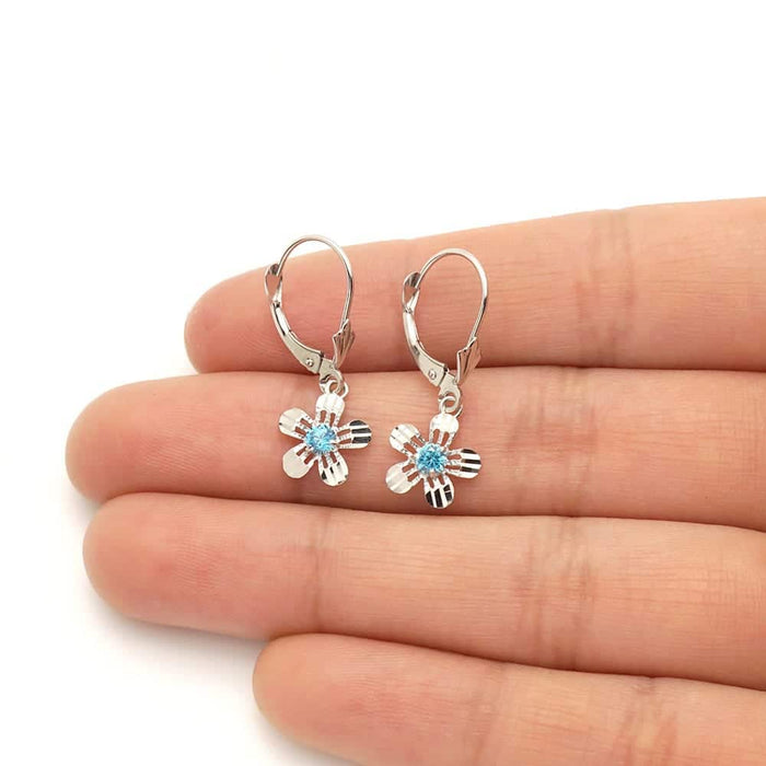 14k Yellow White Gold Birthstone Diamond-Cut Flower Leverback Earrings