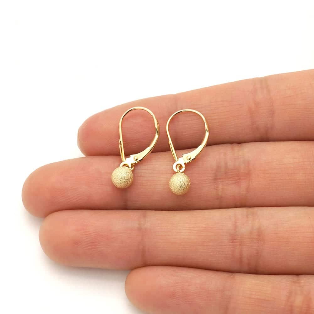 14k Yellow Gold Laser Cut Textured Ball Shaped  Drop Leverback Earrings