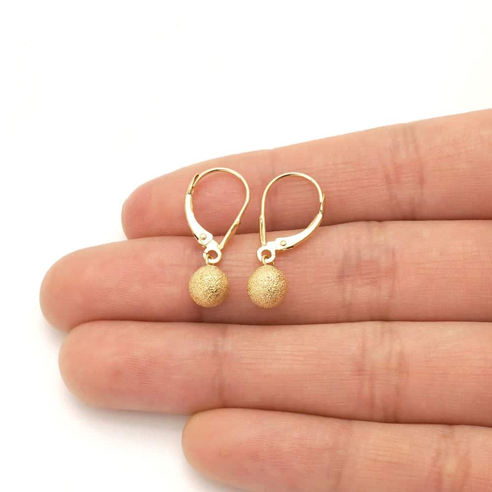 14k Yellow Gold Laser Cut Textured Ball Shaped  Drop Leverback Earrings