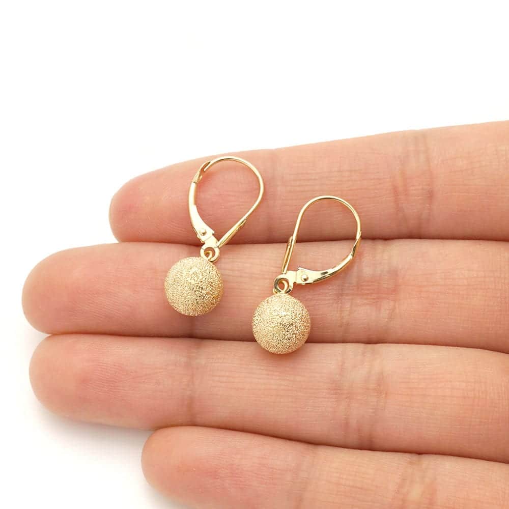14k Yellow Gold Laser Cut Textured Ball Shaped  Drop Leverback Earrings