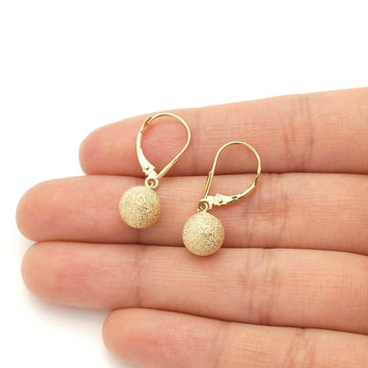 14k Yellow Gold Laser Cut Textured Ball Shaped  Drop Leverback Earrings