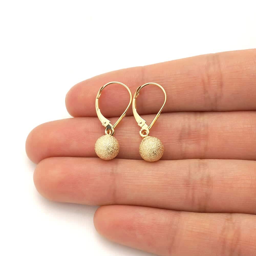 14k Yellow Gold Laser Cut Textured Ball Shaped  Drop Leverback Earrings