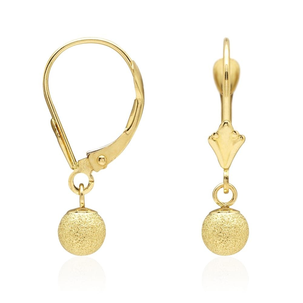 14k Yellow Gold Laser Cut Textured Ball Shaped  Drop Leverback Earrings