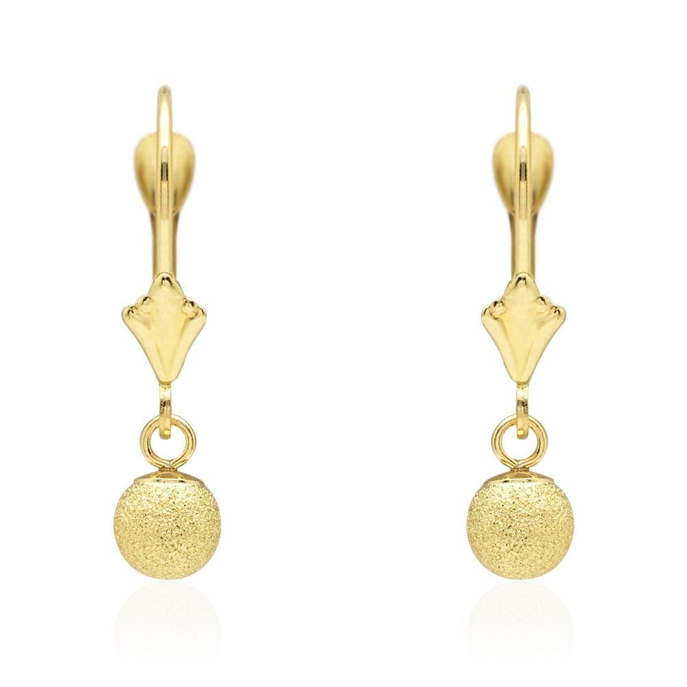 14k Yellow Gold Laser Cut Textured Ball Shaped  Drop Leverback Earrings