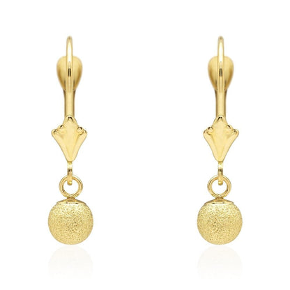 14k Yellow Gold Laser Cut Textured Ball Shaped  Drop Leverback Earrings