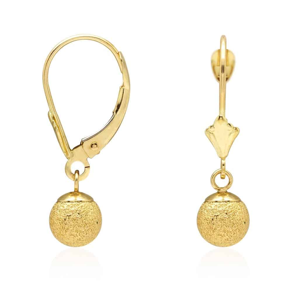 14k Yellow Gold Laser Cut Textured Ball Shaped  Drop Leverback Earrings