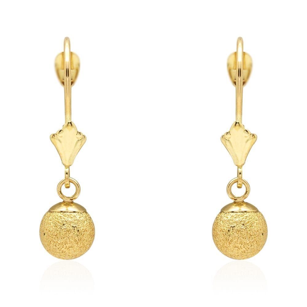 14k Yellow Gold Laser Cut Textured Ball Shaped  Drop Leverback Earrings
