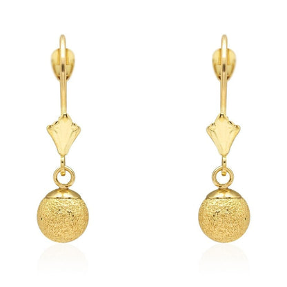 14k Yellow Gold Laser Cut Textured Ball Shaped  Drop Leverback Earrings