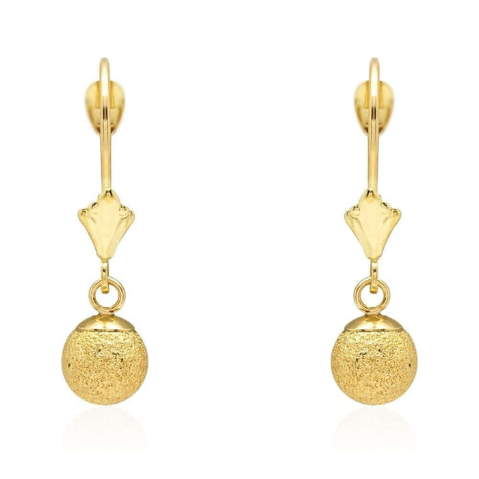 14k Yellow Gold Laser-Cut Textured Ball Shaped Drop Leverback Earrings