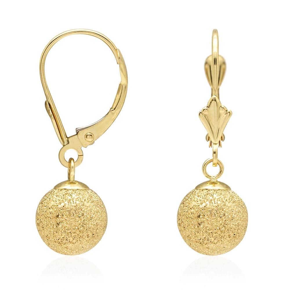 14k Yellow Gold Laser Cut Textured Ball Shaped  Drop Leverback Earrings