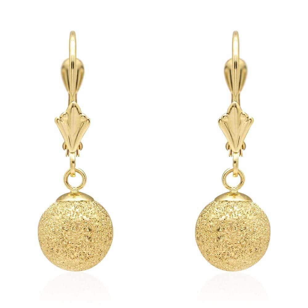 14k Yellow Gold Laser Cut Textured Ball Shaped  Drop Leverback Earrings
