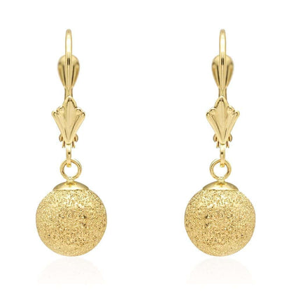 14k Yellow Gold Laser Cut Textured Ball Shaped  Drop Leverback Earrings