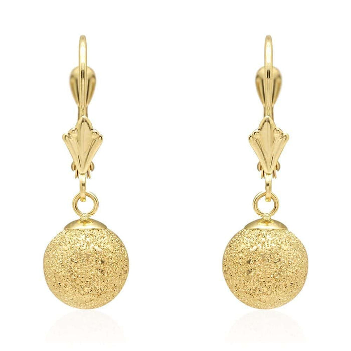 14k Yellow Gold Laser-Cut Textured Ball Shaped Drop Leverback Earrings