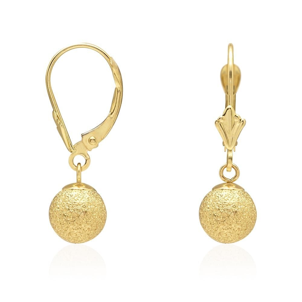 14k Yellow Gold Laser Cut Textured Ball Shaped  Drop Leverback Earrings