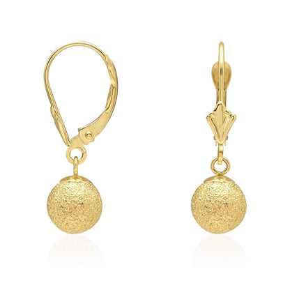 14k Yellow Gold Laser Cut Textured Ball Shaped  Drop Leverback Earrings