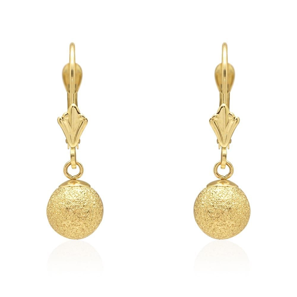 14k Yellow Gold Laser Cut Textured Ball Shaped  Drop Leverback Earrings