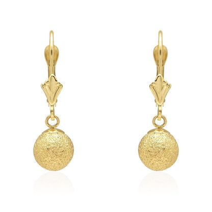 14k Yellow Gold Laser Cut Textured Ball Shaped  Drop Leverback Earrings