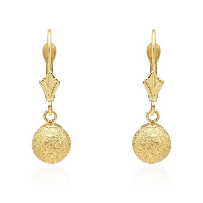 14k Yellow Gold Laser-Cut Textured Ball Shaped Drop Leverback Earrings