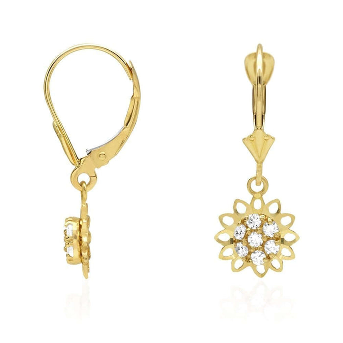 14k Yellow Gold CZ-Cut Sunflower Drop Leverback Earrings
