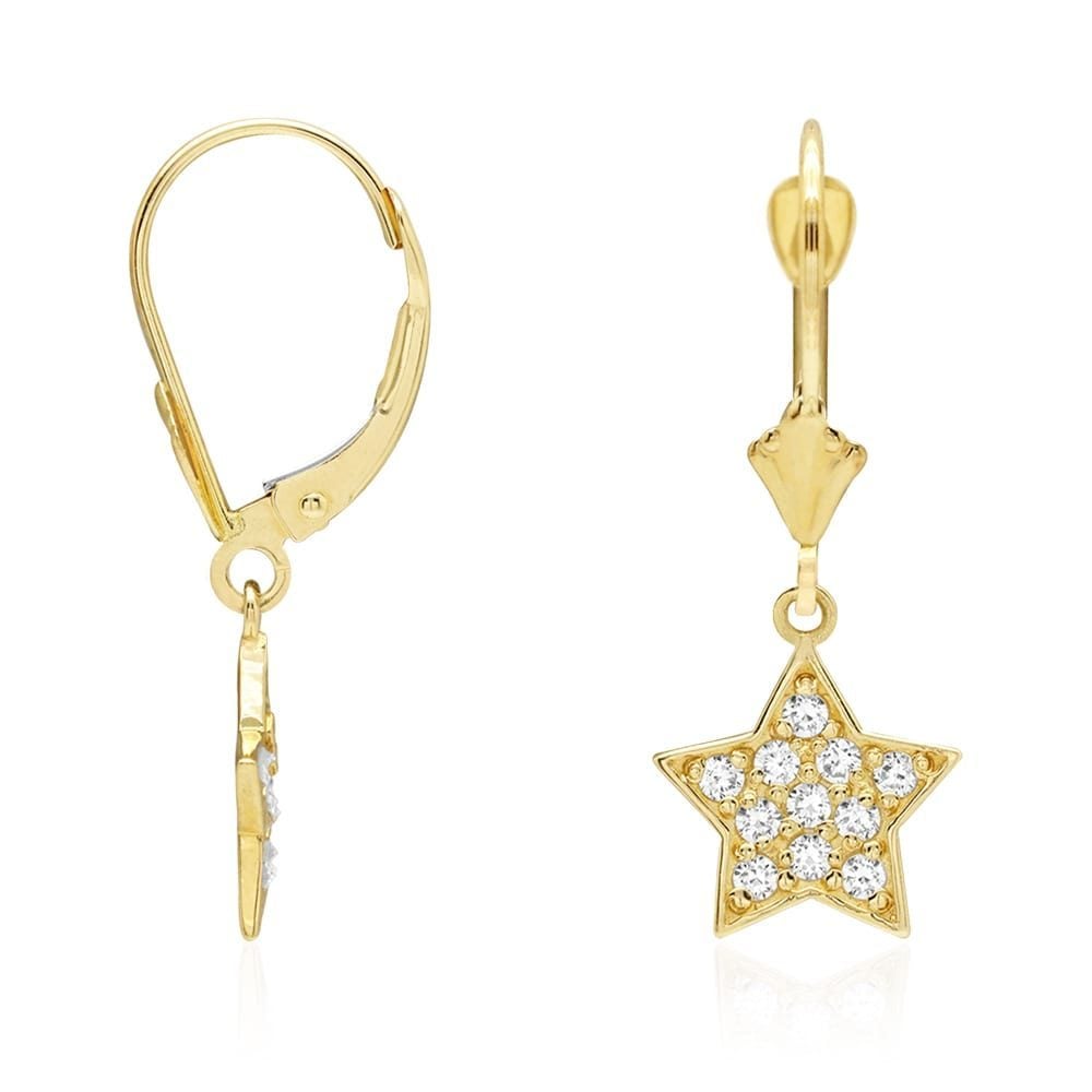 14k Yellow Gold CZ Star  Drop Leverback Earrings