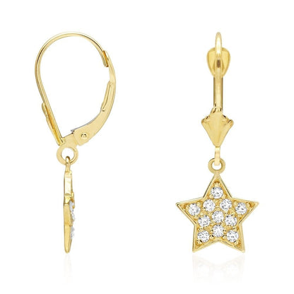 14k Yellow Gold CZ Star  Drop Leverback Earrings
