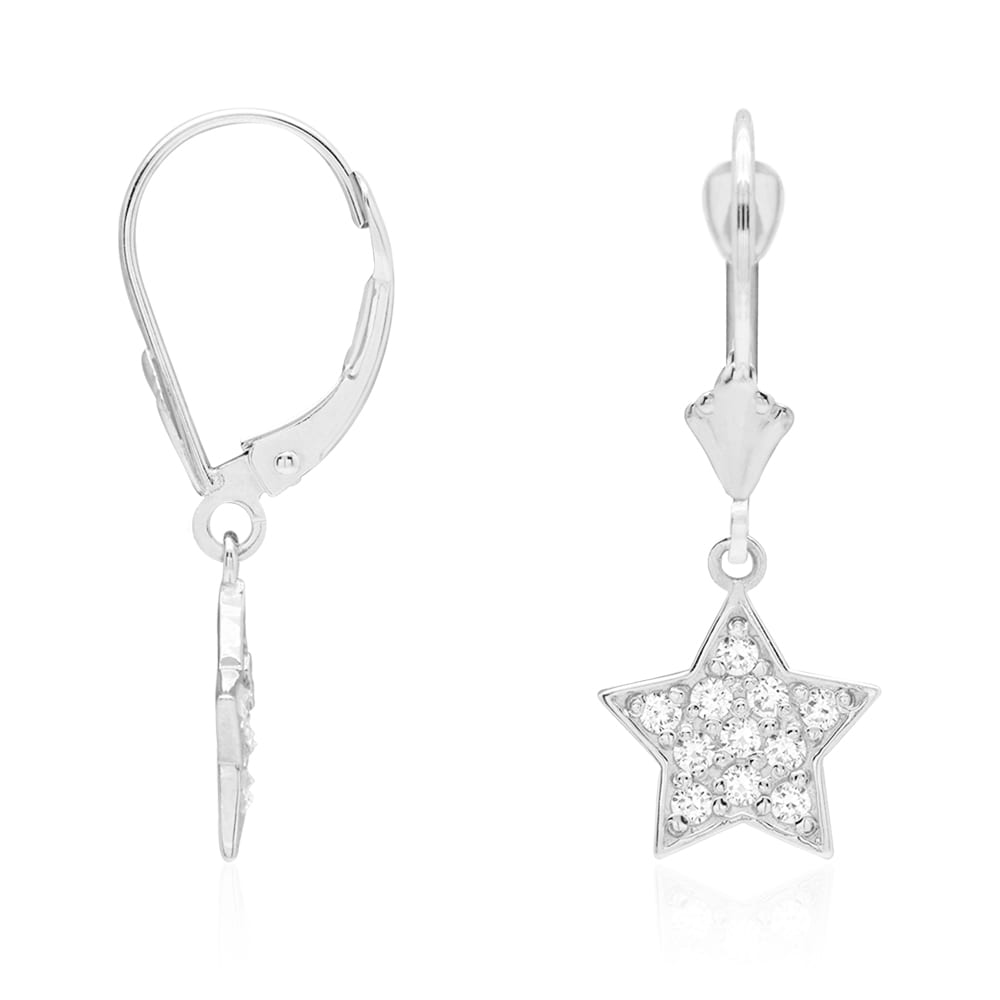 14k Yellow Gold CZ Star  Drop Leverback Earrings