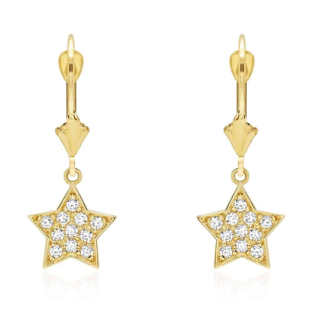 14k Yellow Gold CZ Star  Drop Leverback Earrings