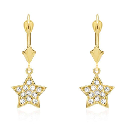 14k Yellow Gold CZ Star  Drop Leverback Earrings
