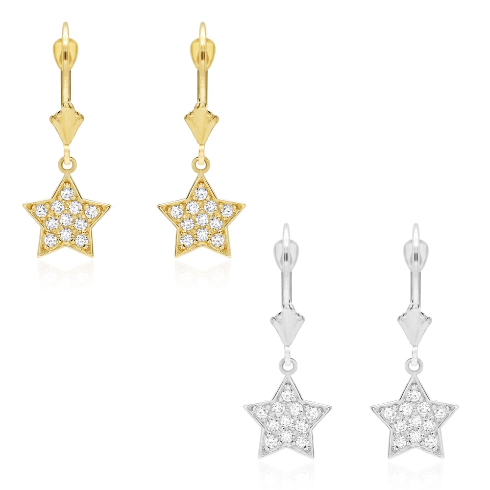 14k Yellow Gold CZ Star  Drop Leverback Earrings