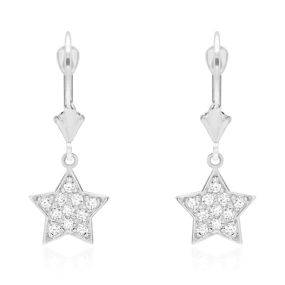 14k Yellow Gold CZ Star  Drop Leverback Earrings
