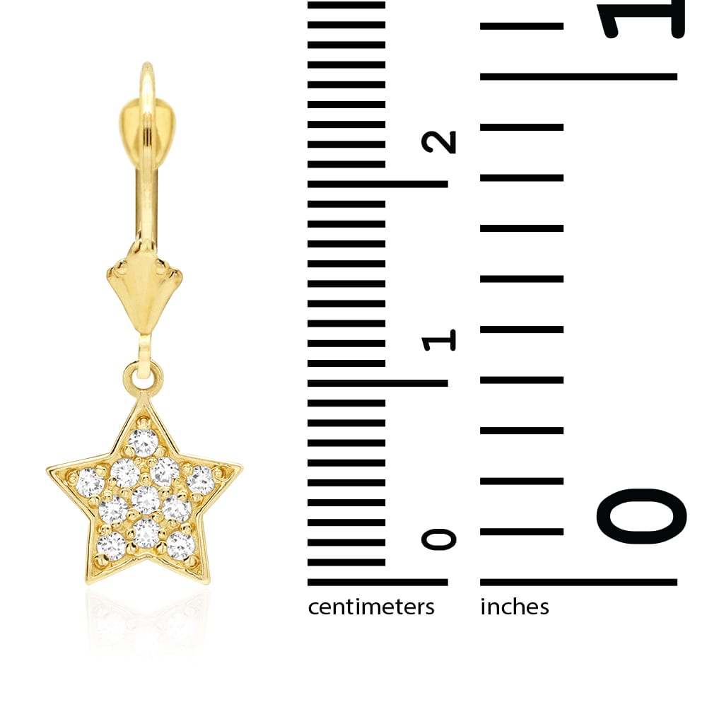 14k Yellow Gold CZ Star  Drop Leverback Earrings