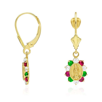 14k Yellow Gold Multicolor CZ Virgin Guadalupe Leverback Earrings 25mm
