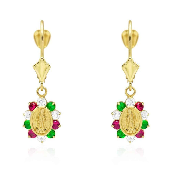 14k Yellow Gold Multicolor CZ Virgin Guadalupe Leverback Earrings 25mm