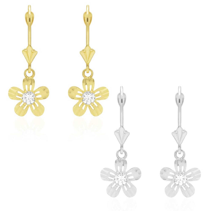 14k Yellow White Gold Birthstone Diamond-Cut Flower Leverback Earrings
