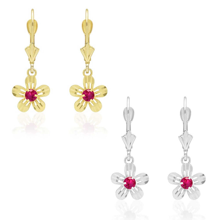 14k Yellow White Gold Birthstone Diamond-Cut Flower Leverback Earrings