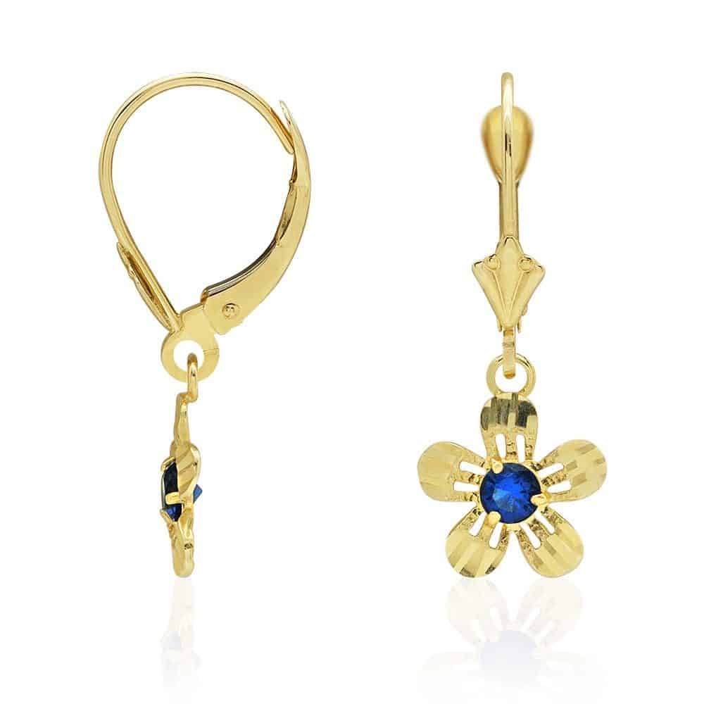 14k Yellow White Gold Birthstone Diamond-Cut Flower  Leverback Earrings