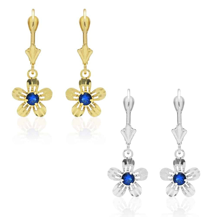 14k Yellow White Gold Birthstone Diamond-Cut Flower Leverback Earrings