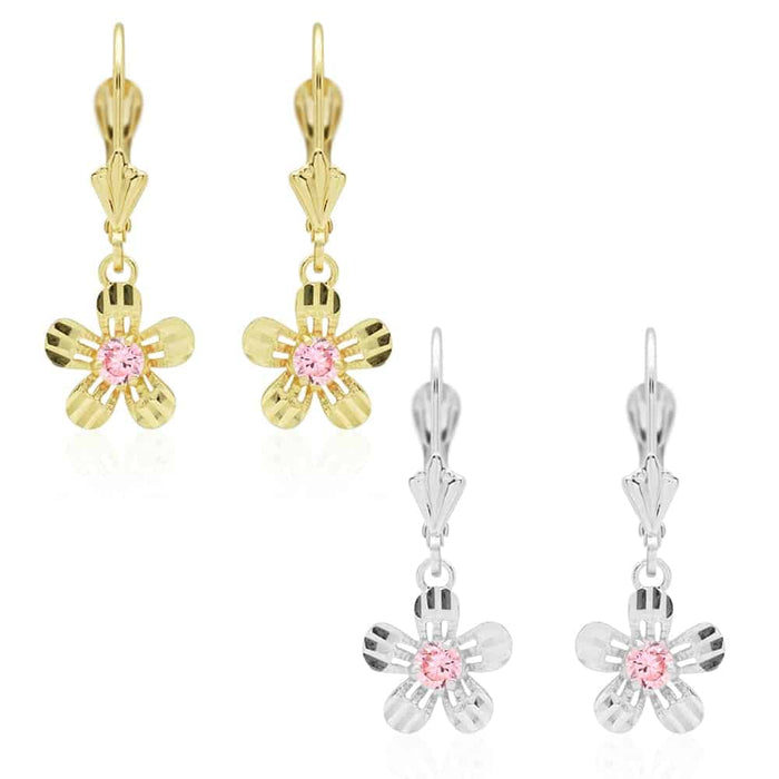 14k Yellow White Gold Birthstone Diamond-Cut Flower Leverback Earrings