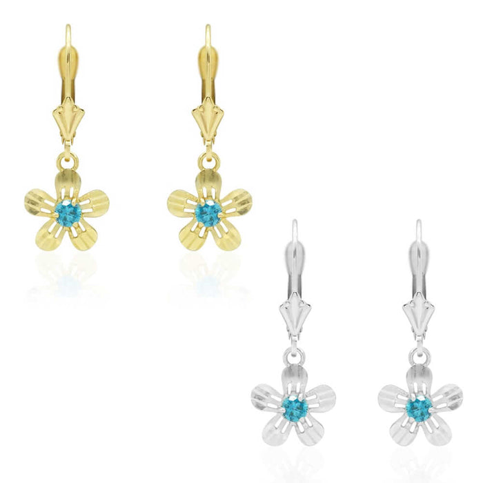 14k Yellow White Gold Birthstone Diamond-Cut Flower Leverback Earrings