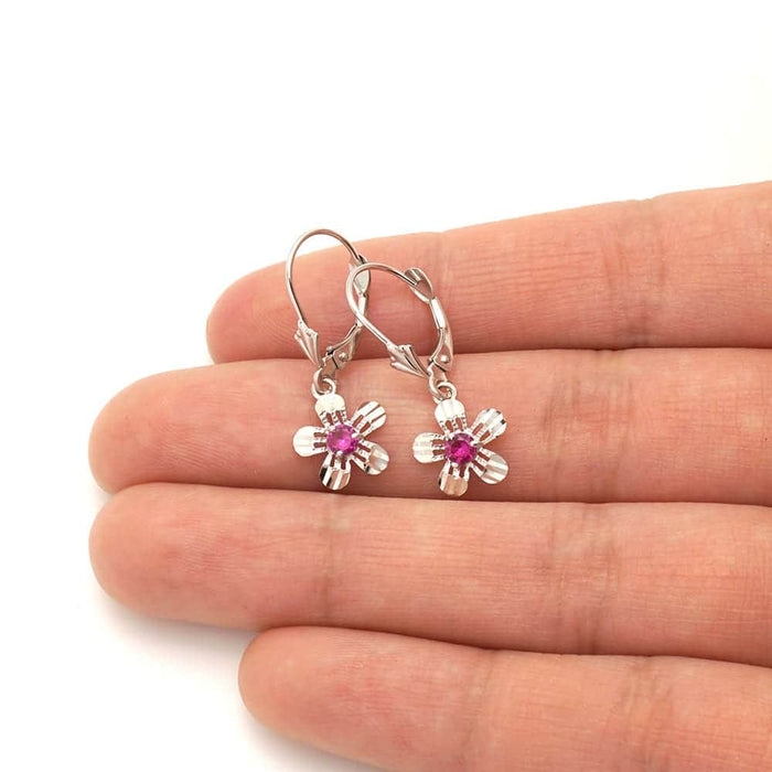 14k Yellow White Gold Birthstone Diamond-Cut Flower Leverback Earrings