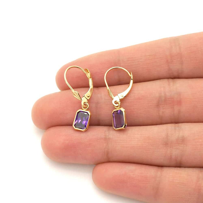 14k Yellow Gold Emerald-Cut Bezel Set Birthstone Drop Leverback Earrings