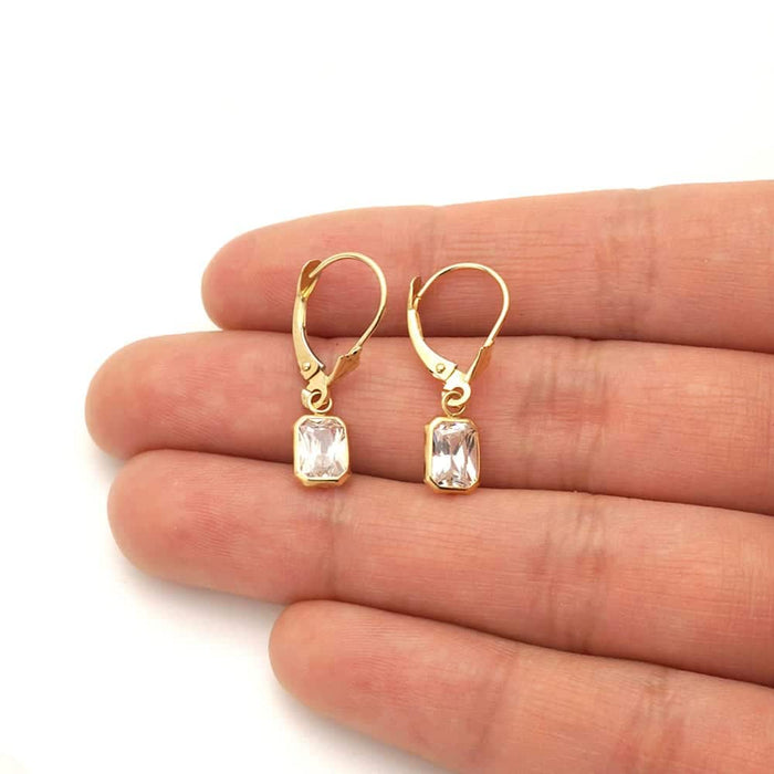 14k Yellow Gold Emerald-Cut Bezel Set Birthstone Drop Leverback Earrings