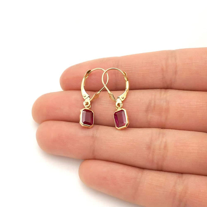 14k Yellow Gold Emerald-Cut Bezel Set Birthstone Drop Leverback Earrings