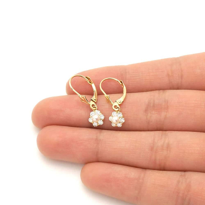 Genuine Pearl CZ 14k Yellow Gold Flower Leverback Earrings