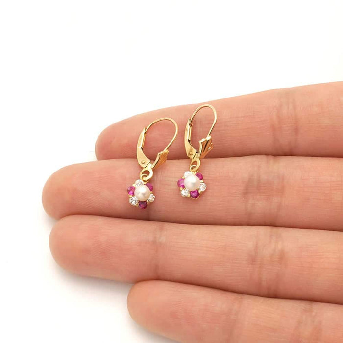 Genuine Pearl CZ 14k Yellow Gold Flower Leverback Earrings