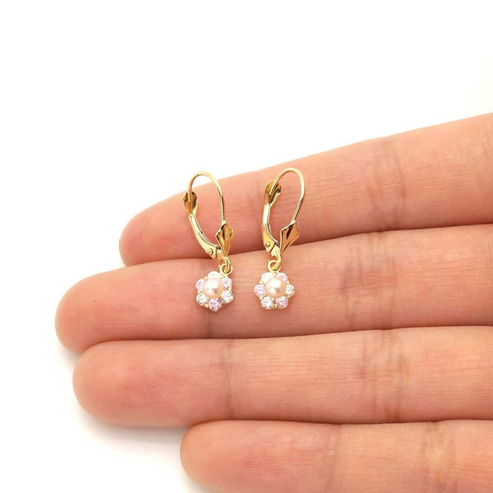 Genuine Pearl CZ 14k Yellow Gold Flower Leverback Earrings