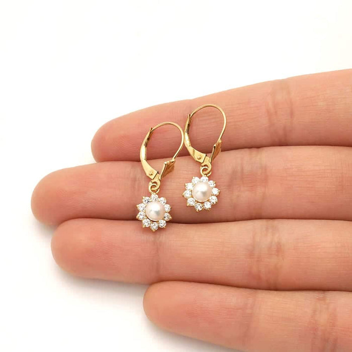 Genuine Pearl CZ 14k Yellow Gold Flower Leverback Earrings