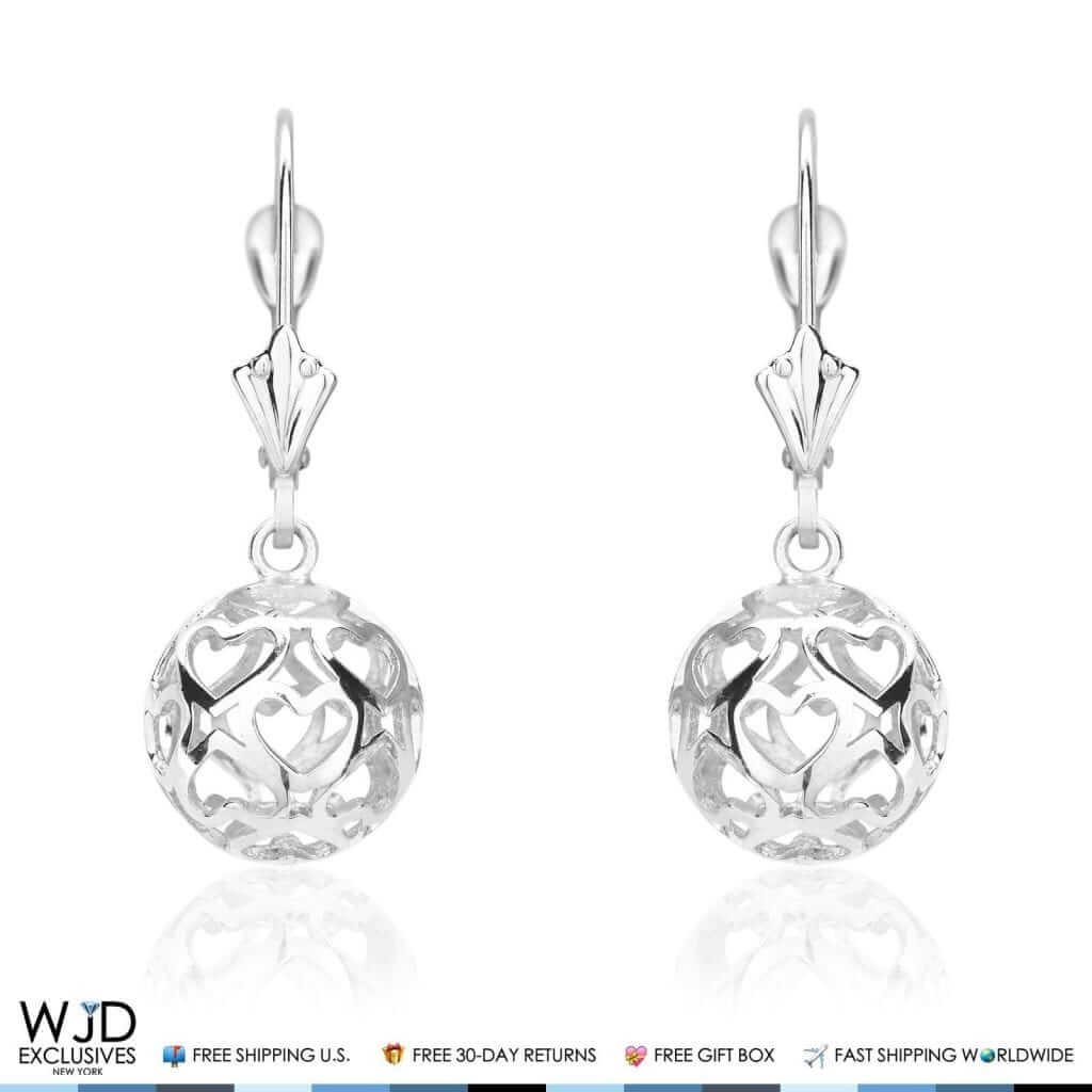 14K White Gold Hollow Heart Carved Ball Dangle Lever Back Earrings